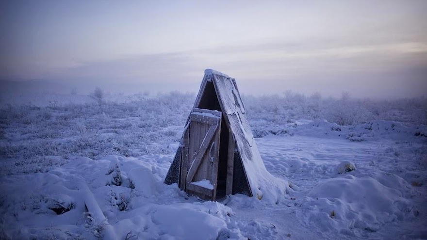 Have to go to the bathroom while traveling into Oymyakon? You can always stop at this toilet located on the side of road.