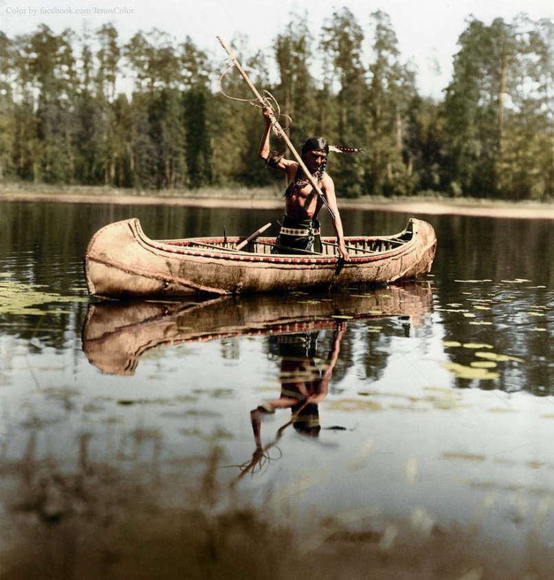 4. An Ojibwe Native American spearfishing in Minnesota in 1908 Color