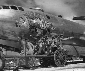 Captain Walter Young and his crew pose with their B-29 Superfortress in november, 1944