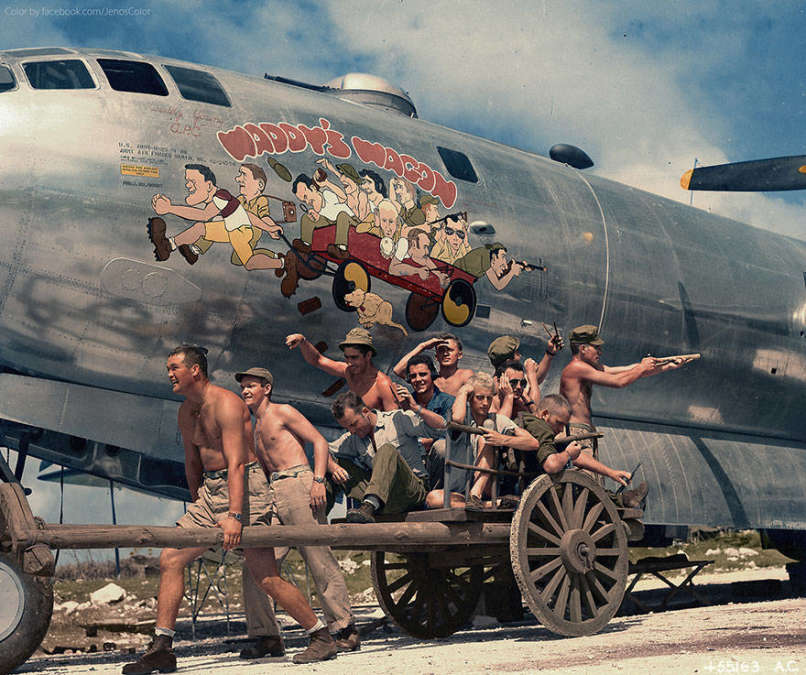 Captain Walter Young and his crew pose with their B-29 Superfortress in november, 1944 Color