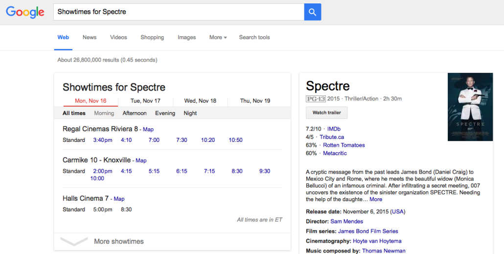 Google Hacks Showtimes for Spectre