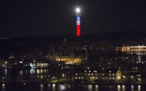 Kaknastornet, the Swedish TV signal tower in Stockholm, is illuminated in the French colors