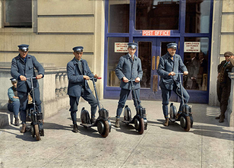 Mail workers show their new Autoped scooters in Washington, D.C. in 1917 COLOR
