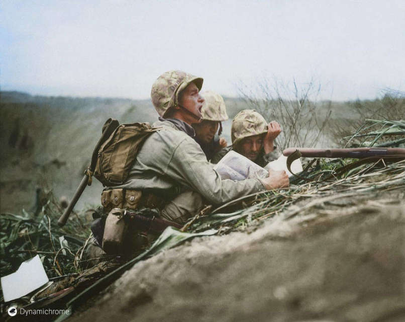 Observers on Iowa Jima in February in 1945 COLOR