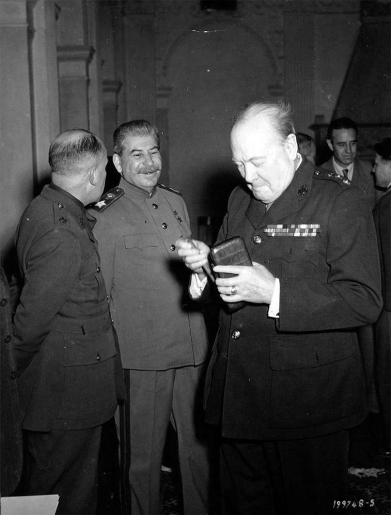 Stalin and Churchill at the Yalta Conference in February of 1945