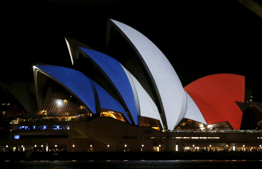 The blue, white and red colours of France's national flag are seen projected onto the sails of Sydney's Opera House for a second night, in Sydney