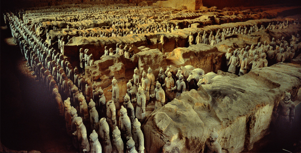 Longbow archers stand in front rows of China's great terracotta army.